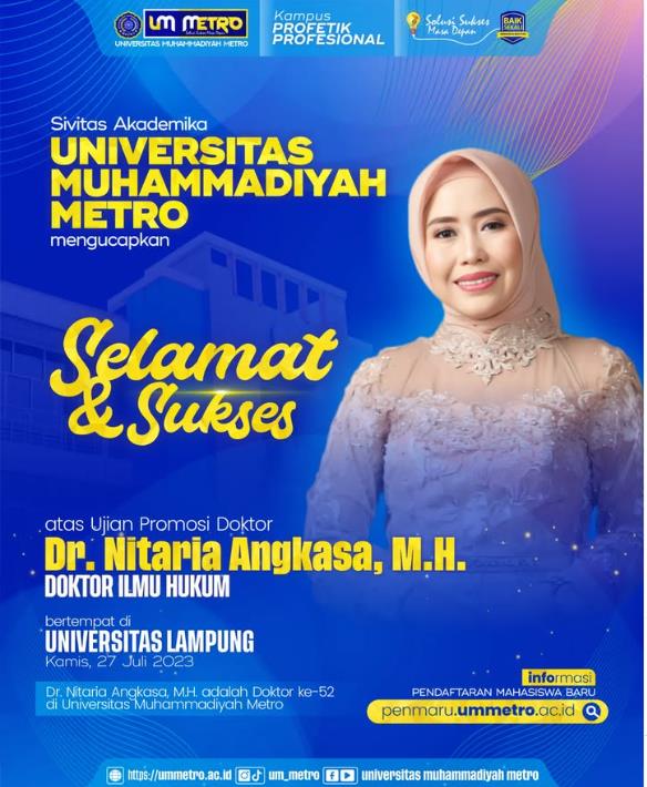 Dr. NITARIA ANGKASA, M.H. RESMI SANDANG GELAR DOKTOR KE-52 UNIVERSITAS MUHAMMADIYAH METRO
